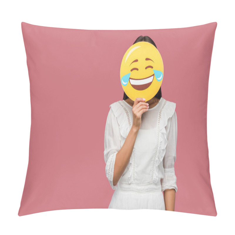 Personality  KYIV, UKRAINE - AUGUST 8, 2019: woman covering face with smiley isolated on pink  pillow covers
