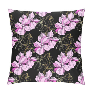 Personality  Vector Pink Orchids. Wildflowers Isolated On Black. Engraved Ink Art. Seamless Background Pattern. Wallpaper Print Texture. Pillow Covers
