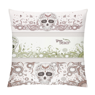 Personality  Banners Of Dia De Muertos Sugar Skull With Ornate On An Abstract Floral Ornamental Background. Day Of The Dead Pillow Covers