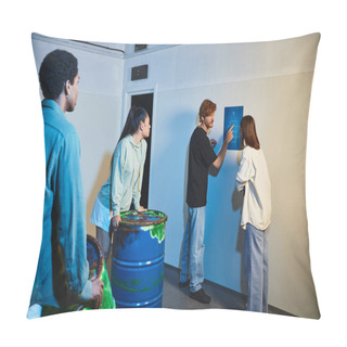 Personality  Redhead Man Showing Clue To His Interracial Friends During Quest In Escape Room, Mystery Solving Pillow Covers