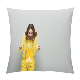Personality  Surprised Woman In Yellow Clothes Looking Into Shopping Bag On Grey Pillow Covers