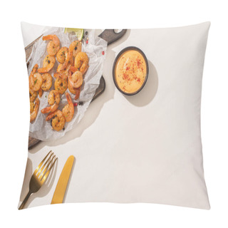 Personality  Top View Of Fried Shrimps On Parchment Paper On Wooden Board Near Grilled Lemon, Sauce And Cutlery On White Background Pillow Covers