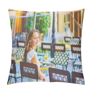 Personality  Cheerful Young Woman Having Breakfast Or Brunch In Traditional French Cafe On Montmartre In Paris, France Pillow Covers