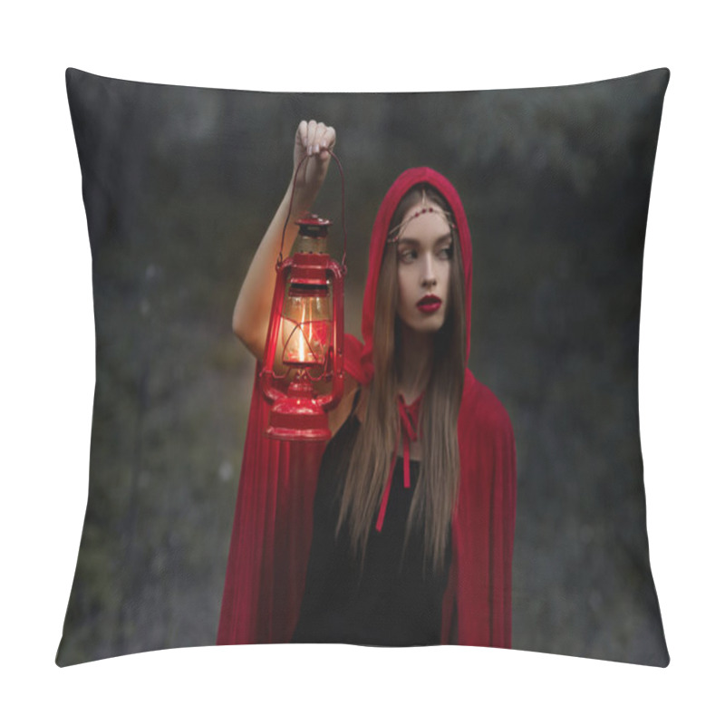 Personality  elegant mystic girl walking in dark forest with kerosene lamp pillow covers