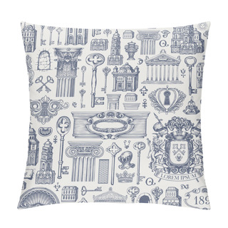 Personality  Seamless Pattern On A Theme Of Ancient Architecture And Art. Hand-drawn Vector Background With Vintage Buildings, Architectural Elements, Coat Of Arms And Old Keys. Wallpaper, Wrapping Paper, Fabric Pillow Covers