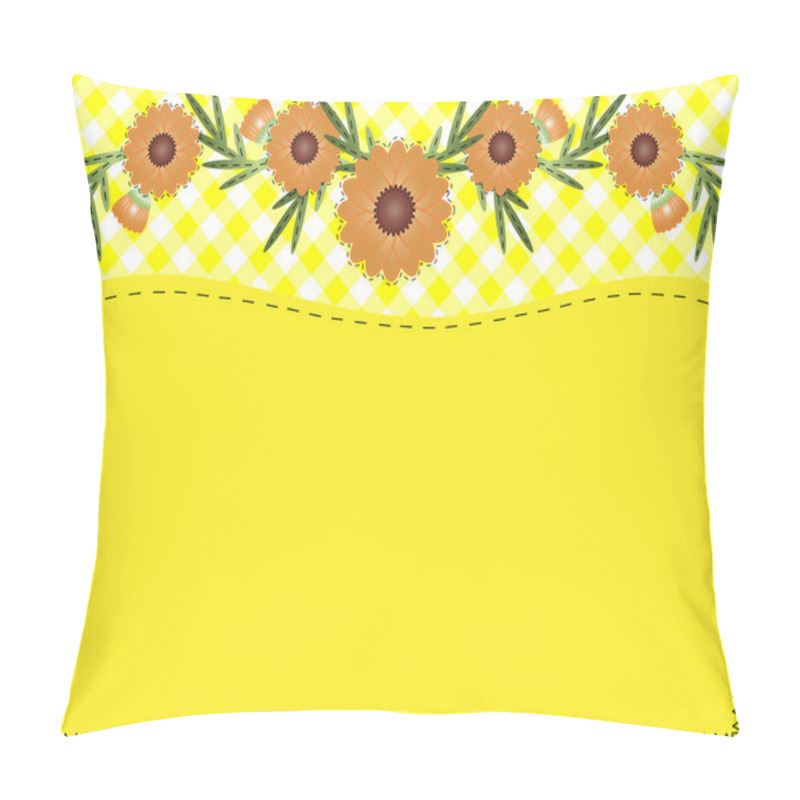 Personality  Eps10.  Orange zinnia on yellow gingham with copy space and quilting stitches. pillow covers