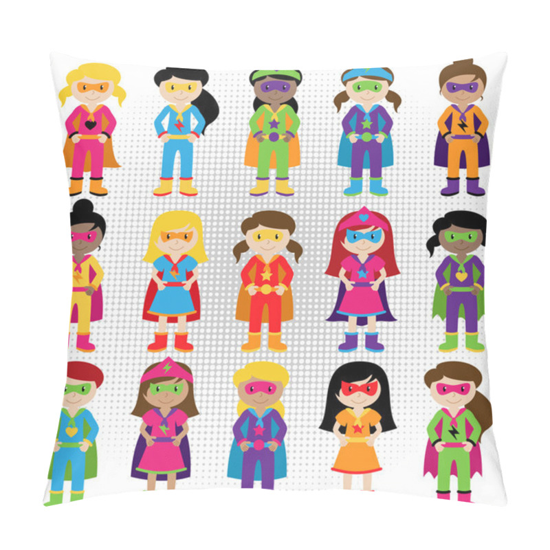 Personality  Collection of Diverse Group of Superhero Girls, matching boy superheroes in portfolio pillow covers
