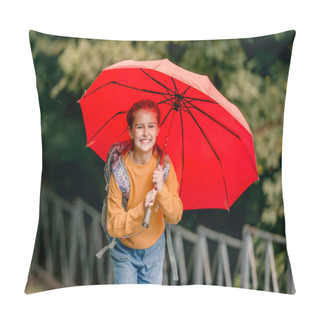 Personality  School Girl With Backpack And Umbrella Outdoors. Pretty Child Kid Walking In Rainy Weather Pillow Covers