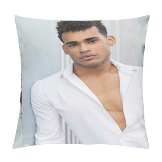 Personality  Portrait Of Young And Curly Cuban Traveler In White Shirt Looking At Camera On Street In Miami Pillow Covers