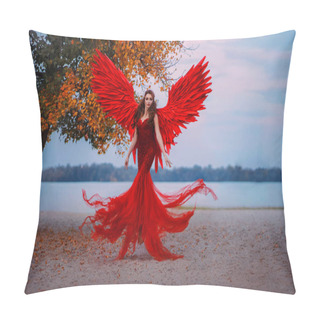 Personality  Young Beautiful Fantasy Woman Fallen Angel Lying In Air Near A Tree With Orange Leaves. Creative Red Costume, Huge Artificial Bird Wings And Elegant Dress. Magic Autumn Foliage. Photo Of Levitation. Pillow Covers