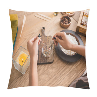 Personality  Partial View Of African American Woman Dipping Twine In Melted Wax Near Burning Candle And Natural Ingredients In Workshop Pillow Covers