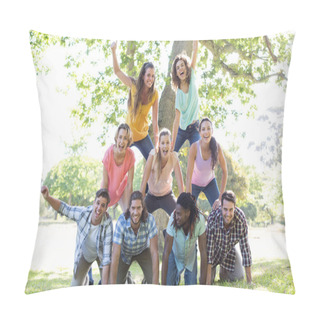 Personality  Happy Friends In The Park Making Human Pyramid Pillow Covers