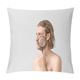 Personality  Portrait Of Young Man With Acne Problem And Magnifier On Light Background Pillow Covers