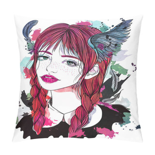 Personality  Portrait Of Beautiful Girl With Feathers In Her Hair. Red-haired Girl With Wings. Fashion Illustration On Abstract Watercolor Background. Print For T-shirt Pillow Covers