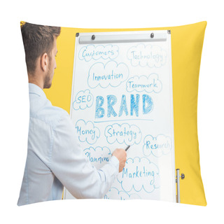 Personality  Back View Of Businessman Standing Near White Office Board, Pointing At Words On Flipchart Pillow Covers