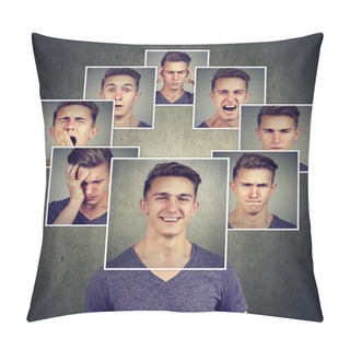 Personality  Portrait Of A Happy Masked Young Man Expressing Different Emotions  Pillow Covers
