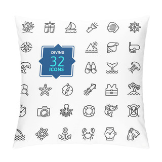 Personality  Scuba Diving And Snorkeling Elements - Minimal Thin Line Web Icon Set. Outline Icons Collection. Simple Vector Illustration. Pillow Covers
