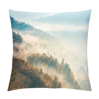 Personality  Beautiful Foggy Autumn Background. Lovely Scenery With Forest On Hill Pillow Covers