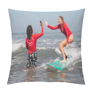 Personality  Surf Instructor Coach Guide And Student On Surfboard Giving High Five At Surf School Lesson, Learning Surfing At Seminyak Beach, Bali, Indonesia Pillow Covers