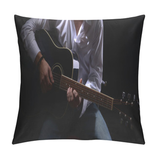 Personality  Young Musician Playing Acoustic Guitar And Singing, On Dark Background Pillow Covers