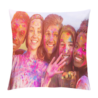 Personality  Happy Young Multiethnic Friends Having Fun With Colorful Powder At Holi Festival And Looking At Camera Pillow Covers