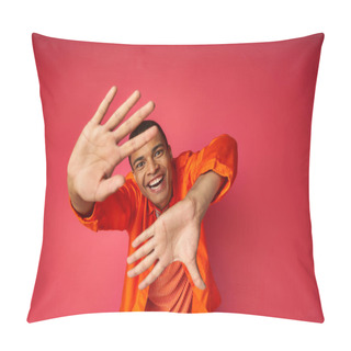 Personality  Cheerful African American Man With Outstretched Hands Looking At Camera On Red, Orange Shirt, Trendy Pillow Covers