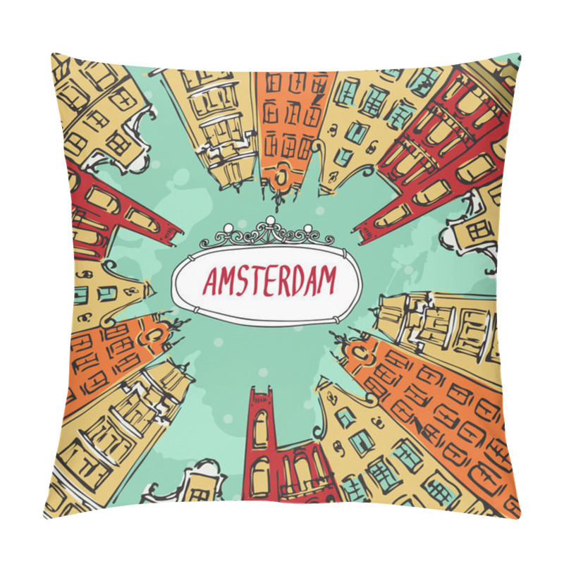 Personality  Illustration Of Amsterdam In Vector In Circle With Label Design Pillow Covers