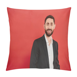 Personality  Portrait Of Successful Bearded Businessman In Black Elegant Suit Smiling At Camera On Red Backdrop Pillow Covers