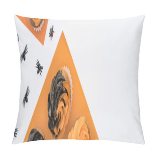 Personality  Top View Of Delicious Halloween Cupcakes With Spiders And Skulls On White And Orange Background, Panoramic Shot Pillow Covers