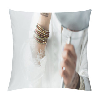 Personality  Cropped View Of Indian Bride With Mehndi Holding Mirror On White Pillow Covers