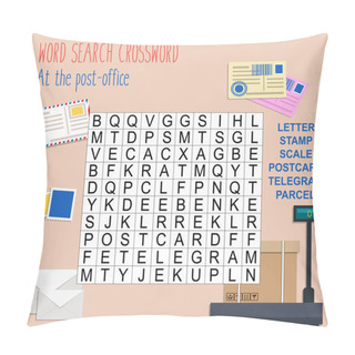 Personality  Easy Word Search Crossword Puzzle 'At The Post-office', For Children In Elementary And Middle School. Fun Way To Practice Language Comprehension And Expand Vocabulary. Includes Answers. Vector Illustration. Pillow Covers