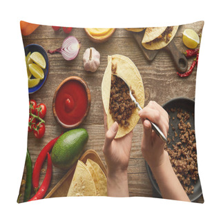 Personality  Cropped View Of Man Adding Minced Meat In Taco With Raw Ingredients On Wooden Surface Pillow Covers