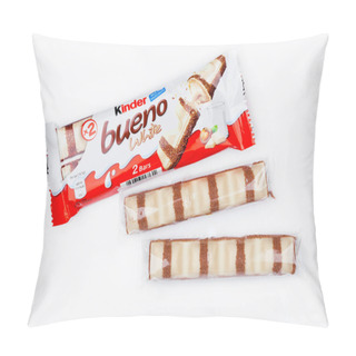 Personality  LONDON, UK - November 17, 2017: Kinder Chocolate Bueno On White.Kinder Bars Are Produced By Ferrero Founded In 1946. Pillow Covers
