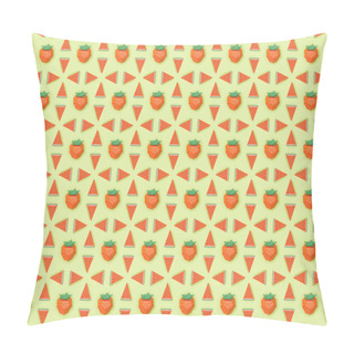 Personality  Top View Of Seamless Pattern With Handmade Paper Strawberries And Watermelon Slices Isolated On Green Pillow Covers