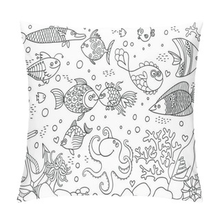 Personality  Coloring Of Underwater World. Aquarium With Fish, Octopus, Corals, Anchor, Shells, Stones, Bottle With Sailboat. Vector Illustration. Pillow Covers
