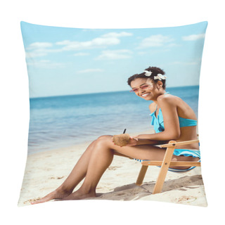 Personality  Happy African American Woman With Cocktail In Coconut Shell Sitting On Deck Chair On Sandy Beach  Pillow Covers