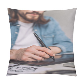 Personality  Selective Focus Of Animator Using Digital Tablet Near Paper With Sketches  Pillow Covers