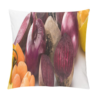 Personality  Panoramic Shot Of Carrots, Lemons, Onions And Beetroots On White Background Pillow Covers