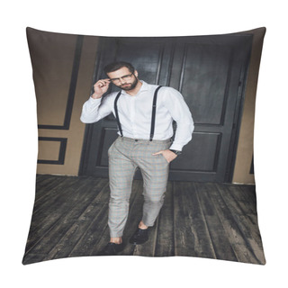 Personality  Fashionable Elegant Man Posing In White Shirt And Suspenders In Loft Interior  Pillow Covers