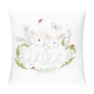 Personality  Cute Bunny In Spring Bloomy Garden With Lilies Of The Valley Florals Butterfly And Ladybug Hand Drawn Vector Illustration  Pillow Covers