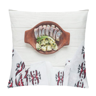 Personality  Delicious Marinated Herring With Potatoes And Onions In Earthenware Plate With Embroidered Towel On White Wooden Background Pillow Covers
