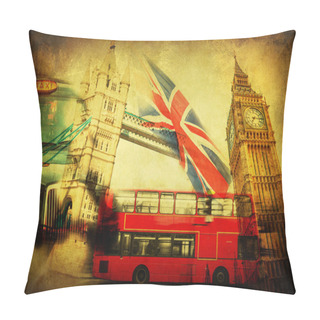 Personality  Vintage Textured Collage Of Iconic Symbols Of London, UK Pillow Covers