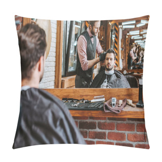 Personality  Selective Focus Of Handsome Barber Styling Hair Of Man Near Mirror In Barbershop  Pillow Covers