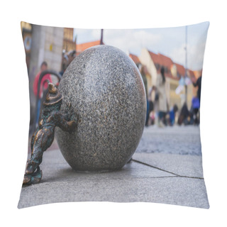 Personality  WROCLAW, POLAND - APRIL 18, 2022: Statuette Of Dwarf On Urban Street  Pillow Covers