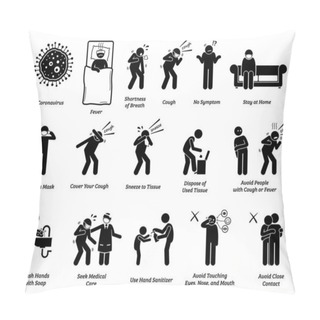 Personality  Sign Symptoms Of Coronavirus Covid-19 And Prevention Tips. Vector Artwork Of People Infected With Coronavirus, Influenza, Or Flu. Precaution And Prevention Ways To Stop The Pandemic Virus From Spreading.  Pillow Covers