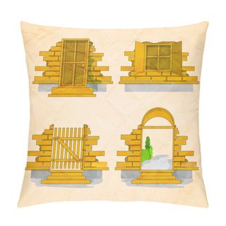 Personality  Illustration Of A Door And Windows In And Out Version With Bricks Pillow Covers
