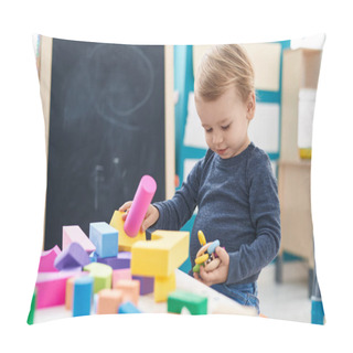 Personality  Adorable Blond Toddler Playing With Geometry Blocks Sitting On Table At Kindergarten Pillow Covers