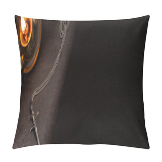 Personality  Top View Of Burning Candle And Cross On Dark Background With Sunlight, Panoramic Shot Pillow Covers