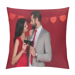Personality  Couple With Wineglasses Looking At Each Other Isolated On Red Pillow Covers