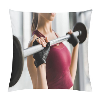 Personality  Cropped View Of Concentrated Sportswoman In Weight Lifting Gloves Training With Barbell At Gym Pillow Covers
